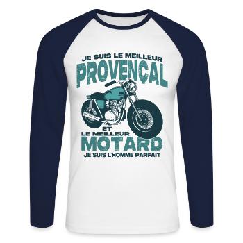 Le meilleur motard et le meilleur provençal - T-shirt baseball manches longues Homme - blanc/marine - Devant - Nik (191cm)
