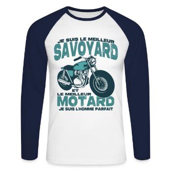 Le meilleur motard et le meilleur savoyard - T-shirt baseball manches longues Homme - blanc/marine - Devant - Nik (191cm)