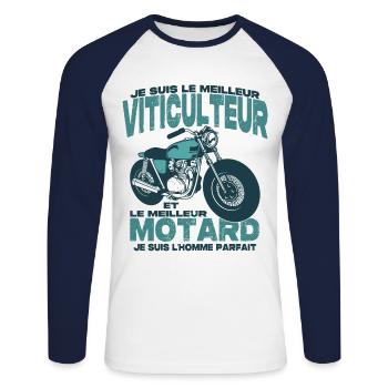 Le meilleur motard et le meilleur viticulteur - T-shirt baseball manches longues Homme - blanc/marine - Devant - Nik (191cm)