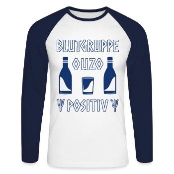Blutgruppe Ouzo Positiv Griechenland Alkohol Humor - Unisex Baseballshirt langarm - Weiß/Navy - Vorne - Nik (191cm)