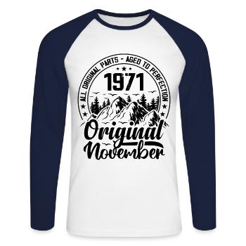 1971 November Original 53 Years Anniversary Gift - Unisex Long Sleeve Baseball T-Shirt - white/navy - Front - Nik (191cm)