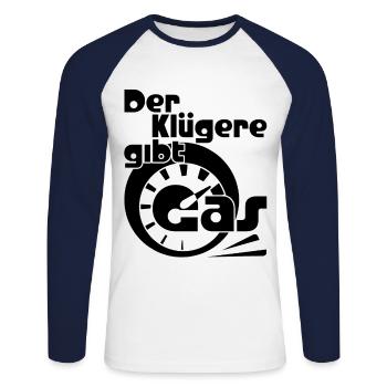 Der klügere gibt Gas lustige Sprüche für Autofreak - Unisex Baseballshirt langarm - Weiß/Navy - Vorne - Nik (191cm)