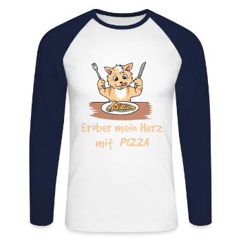 Chat conquérant mon cœur avec pizza fantaisie enfants - T-shirt baseball manches longues Homme - blanc/marine - Devant - Nik (191cm)