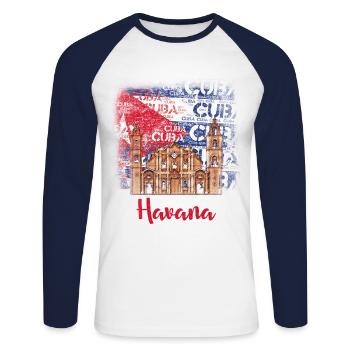Cuba Havana T-Shirt - Unisex Long Sleeve Baseball T-Shirt - white/navy - Front - Nik (191cm)