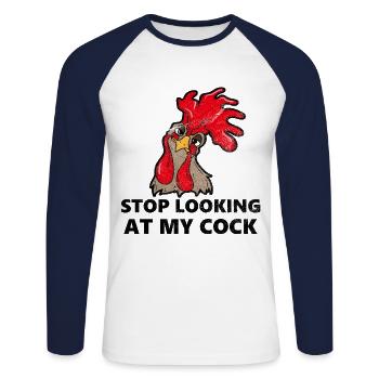 Hör auf auf meinen Hahn zu gucken - Unisex Baseballshirt langarm - Weiß/Navy - Vorne - Nik (191cm)