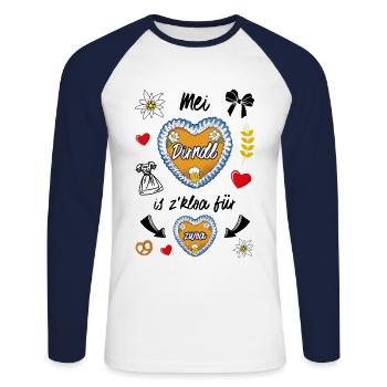 Mei Dirndl Is Z Kloa Pour Zwoa Wiesn - T-shirt baseball manches longues Homme - blanc/marine - Devant - Nik (191cm)