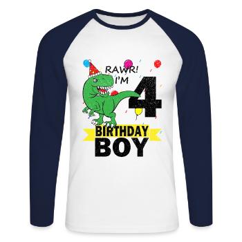 4 Jahre alt Geburtstag Dino Dinosaurier T-Shirt - Unisex Baseballshirt langarm - Weiß/Navy - Vorne - Nik (191cm)