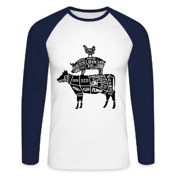 Grillen Fleischteile Huhn Schwein Rind - Unisex Baseballshirt langarm - Weiß/Navy - Vorne - Nik (191cm)