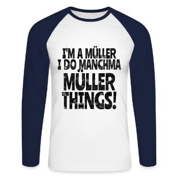 Nachname Müller Name Familienname witzig Geschenk - Unisex Baseballshirt langarm - Weiß/Navy - Vorne - Nik (191cm)
