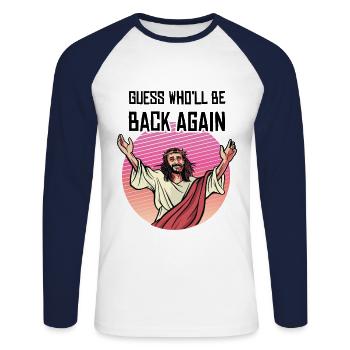 Jésus devine qui sera de retour - T-shirt baseball manches longues Homme - blanc/marine - Devant - Nik (191cm)