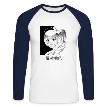 Esthétique japonaise anti et versus sociale - T-shirt baseball manches longues Homme - blanc/marine - Devant - Nik (191cm)