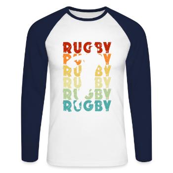 Rugby, silhouette rugbyman, vintage, fan de rugby - T-shirt baseball manches longues Homme - blanc/marine - Devant - Nik (191cm)