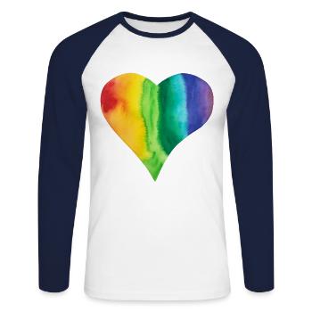 Regenbogen Herz LGBTQ+ proud pride bunt Vielfalt - Unisex Baseballshirt langarm - Weiß/Navy - Vorne - Nik (191cm)
