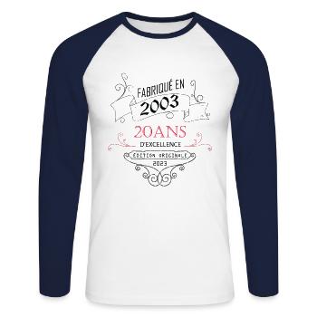 Fabriqué En 2003 20 Ans Anniversaire - T-shirt baseball manches longues Homme - blanc/marine - Devant - Nik (191cm)