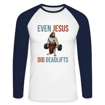 Even Jesus did deadlift muscles - Unisex Long Sleeve Baseball T-Shirt - white/navy - Front - Nik (191cm)
