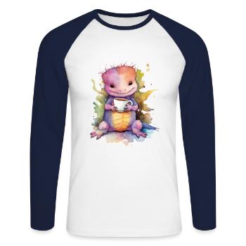 grin grin, axolotl salamander with coffee -Aqu - Unisex Long Sleeve Baseball T-Shirt - white/navy - Front - Nik (191cm)