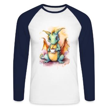 Dragon avec style aquarelle café - T-shirt baseball manches longues Homme - blanc/marine - Devant - Nik (191cm)