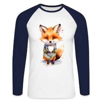 Fuchs mit Kaffee -Aquarellstil - Unisex Baseballshirt langarm - Weiß/Navy - Vorne - Nik (191cm)