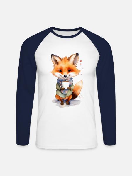 Fuchs mit Kaffee -Aquarellstil - Unisex Baseballshirt langarm - Weiß/Navy
