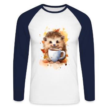 Igel mit Kaffee -Aquarellstil - Unisex Baseballshirt langarm - Weiß/Navy - Vorne - Nik (191cm)