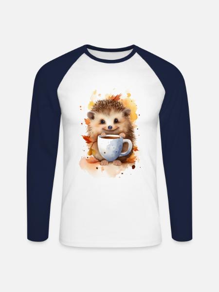 Igel mit Kaffee -Aquarellstil - Unisex Baseballshirt langarm - Weiß/Navy