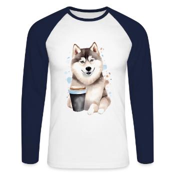 Husky with coffee watercolor style - Unisex Long Sleeve Baseball T-Shirt - white/navy - Front - Nik (191cm)