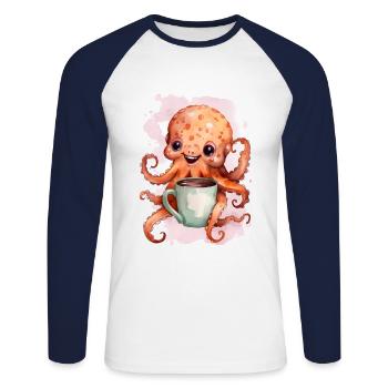 Poulpe avec style aquarelle café - T-shirt baseball manches longues Homme - blanc/marine - Devant - Nik (191cm)