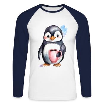 Pingouin avec style aquarelle café - T-shirt baseball manches longues Homme - blanc/marine - Devant - Nik (191cm)