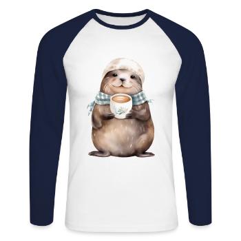 Étanchéité avec style aquarelle café - T-shirt baseball manches longues Homme - blanc/marine - Devant - Nik (191cm)