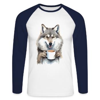 Wolf with coffee watercolor style - Unisex Long Sleeve Baseball T-Shirt - white/navy - Front - Nik (191cm)