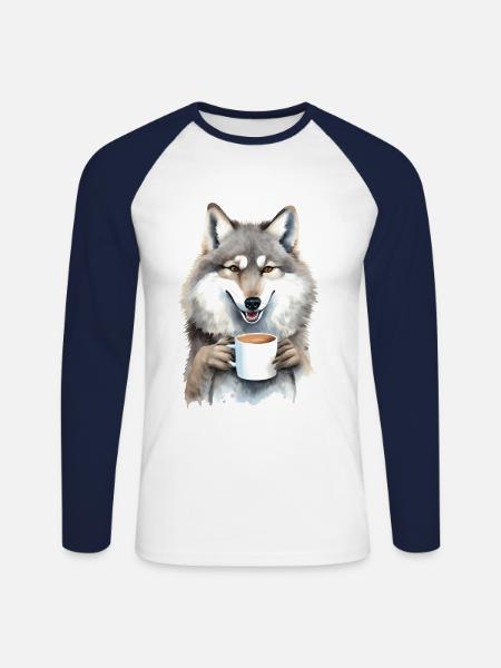 Wolf mit Kaffee -Aquarellstil - Unisex Baseballshirt langarm - Weiß/Navy