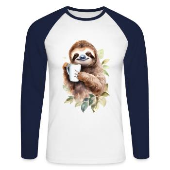 Sloth with coffee watercolor style - Unisex Long Sleeve Baseball T-Shirt - white/navy - Front - Nik (191cm)