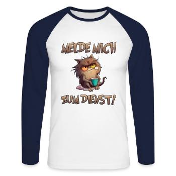 Katze Melde mich zum Dienst - Unisex Baseballshirt langarm - Weiß/Navy - Vorne - Nik (191cm)