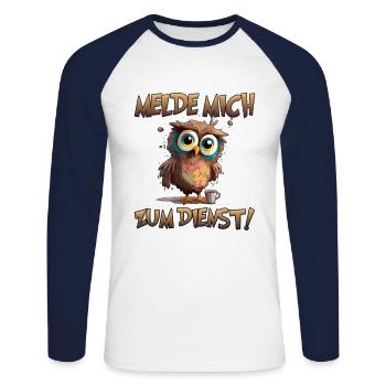 Eule Melde mich zum Dienst - Unisex Baseballshirt langarm - Weiß/Navy - Vorne - Nik (191cm)