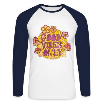 Good Vibes Only 70s Funky Groovy Flower Power 60E - Unisex Long Sleeve Baseball T-Shirt - white/navy - Front - Nik (191cm)