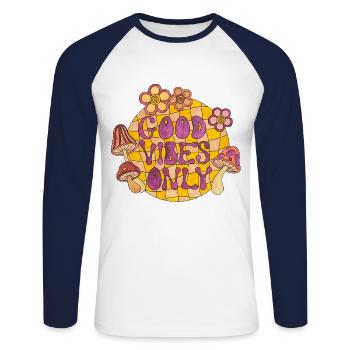 Good Vibes Only 70s Funky Groovy Flower Power 60E - Unisex Long Sleeve Baseball T-Shirt - white/navy - Front - Nik (191cm)