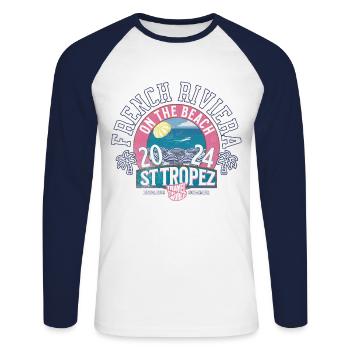 St. Tropez Côte d'Azur Reisen Sie um die Welt - Unisex Baseballshirt langarm - Weiß/Navy - Vorne - Nik (191cm)