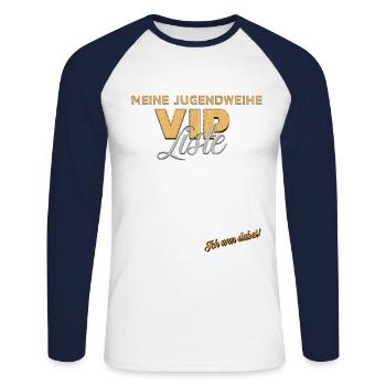 Gästeliste Jugendweihe Mädchen und Jungs - Unisex Baseballshirt langarm - Weiß/Navy - Vorne - Nik (191cm)