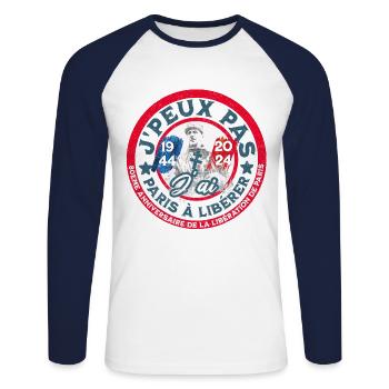 Ich kann nicht, ich habe Paris, um es zu befreien, 1944 2024 - Unisex Baseballshirt langarm - Weiß/Navy - Vorne - Nik (191cm)