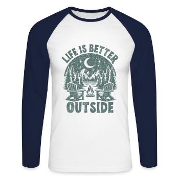 Das Leben ist besser Draußen Spaß beim Camping - Unisex Baseballshirt langarm - Weiß/Navy - Vorne - Nik (191cm)