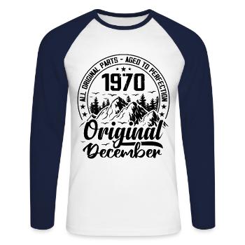 1970 Dezember Original 54 Jahre Jubiläumsgeschenk - Unisex Baseballshirt langarm - Weiß/Navy - Vorne - Nik (191cm)