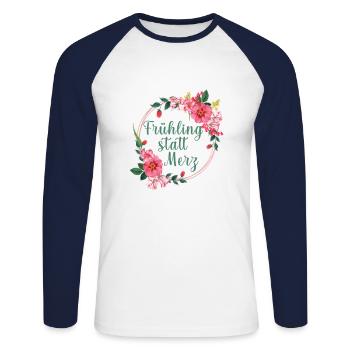 Frühling statt Merz - Unisex Baseballshirt langarm - Weiß/Navy - Vorne - Nik (191cm)