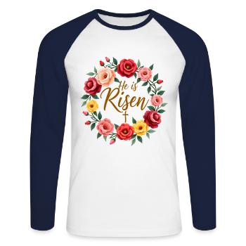 Happy Easter Flower Wreath He Is Risen Jesus - Unisex Long Sleeve Baseball T-Shirt - white/navy - Front - Nik (191cm)