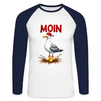 Seemann Möwe im Wattenmeer mit Moin - Unisex Baseballshirt langarm - Weiß/Navy - Vorne - Nik (191cm)