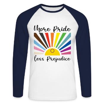 Mehr Stolz, weniger Vorurteile – Regenbogen - Unisex Baseballshirt langarm - Weiß/Navy - Vorne - Nik (191cm)