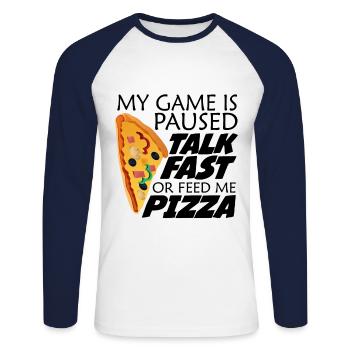 Mon jeu est en pause. Drôle disant gamer et pizza - T-shirt baseball manches longues Homme - blanc/marine - Devant - Nik (191cm)