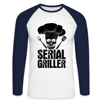 Serial Griller BBQ Distressed - Unisex Baseballshirt langarm - Weiß/Navy - Vorne - Nik (191cm)