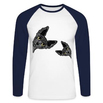 Chat sphynx noir - T-shirt baseball manches longues Homme - blanc/marine - Devant - Nik (191cm)