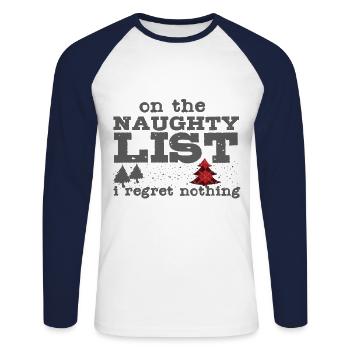 Sur la liste coquine - Noël design - T-shirt baseball manches longues Homme - blanc/marine - Devant - Nik (191cm)