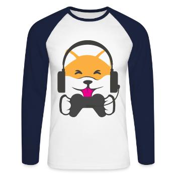Chien de jeu Shiba Inu - T-shirt baseball manches longues Homme - blanc/marine - Devant - Nik (191cm)